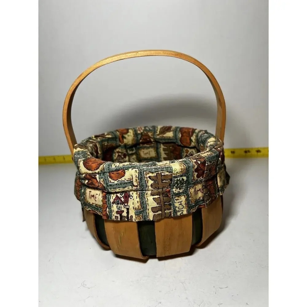 Vintage Wooden Basket Bent Wood Handle Cloth Lined Harvest Nailed Bottom